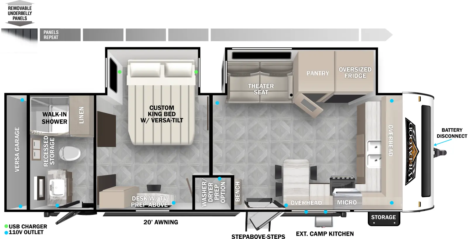 The 28FKG has two slideouts and two entry doors. Exterior features a 20 foot awning, battery disconnect, StepAbove main entry steps, exterior camp kitchen, storage, rear Versa garage, and removable underbelly panels. Interior layout front to back: kitchen counter with sink and overhead cabinet wraps to door side with microwave, cooktop, and peninsula bar top with stools, entry door, and bench; off-door side slideout with oversized refrigerator, pantry, and theater seat; mid bedroom with off-door side slideout with custom king bed with versa-tilt, door side desk with TV prep above, and closet with washer/dryer prep optional; rear full bathroom with walk-in shower, recessed storage, and second entry door.